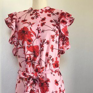 ZARA  Red floral, Pink linen dress with ruffles